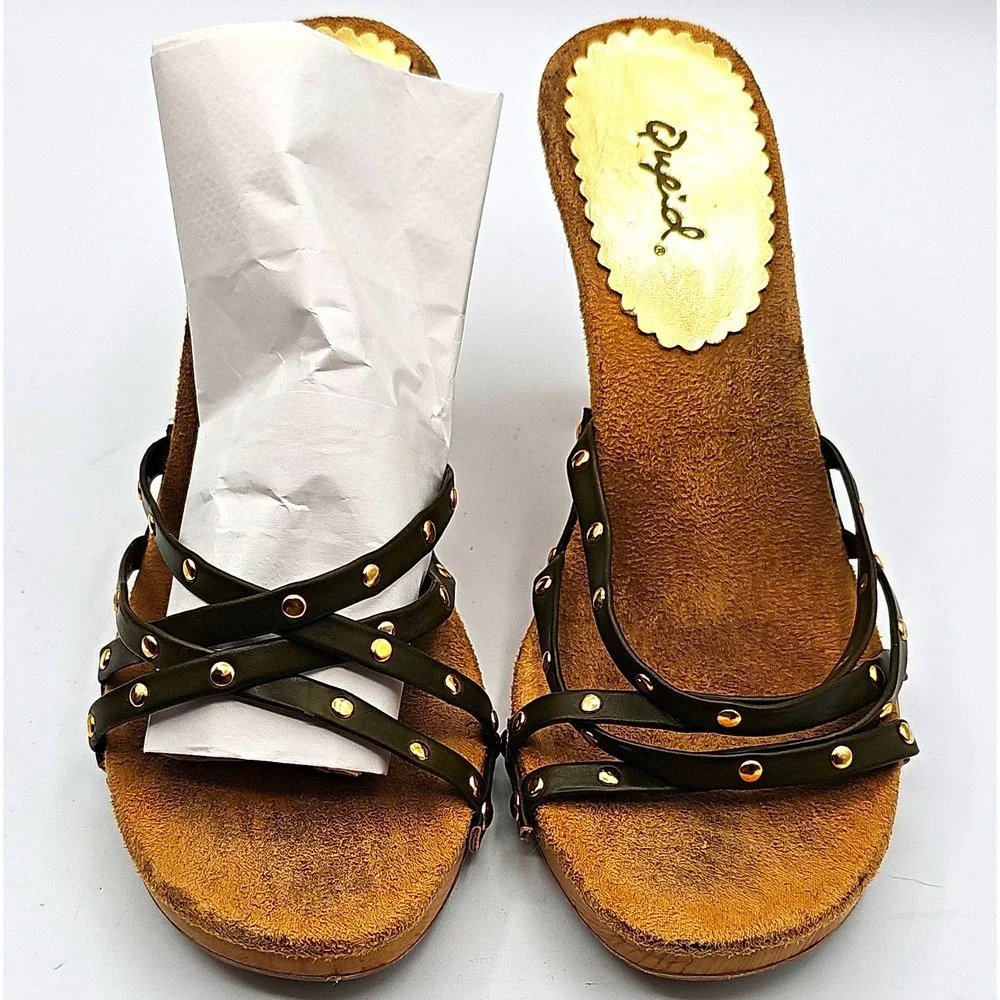 Qupid Black & Brown Studded Strappy Stiletto Heels Sandals Size 7 Y2K